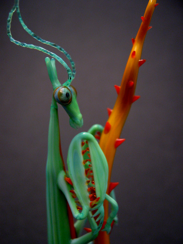 Bright Briar Mantis, glass wasp by Wesley Fleming