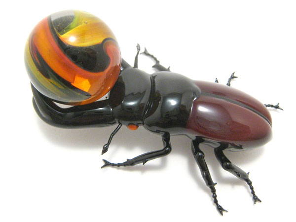 Stag Beetle with Ember Marble, glass insect by Wesley Fleming